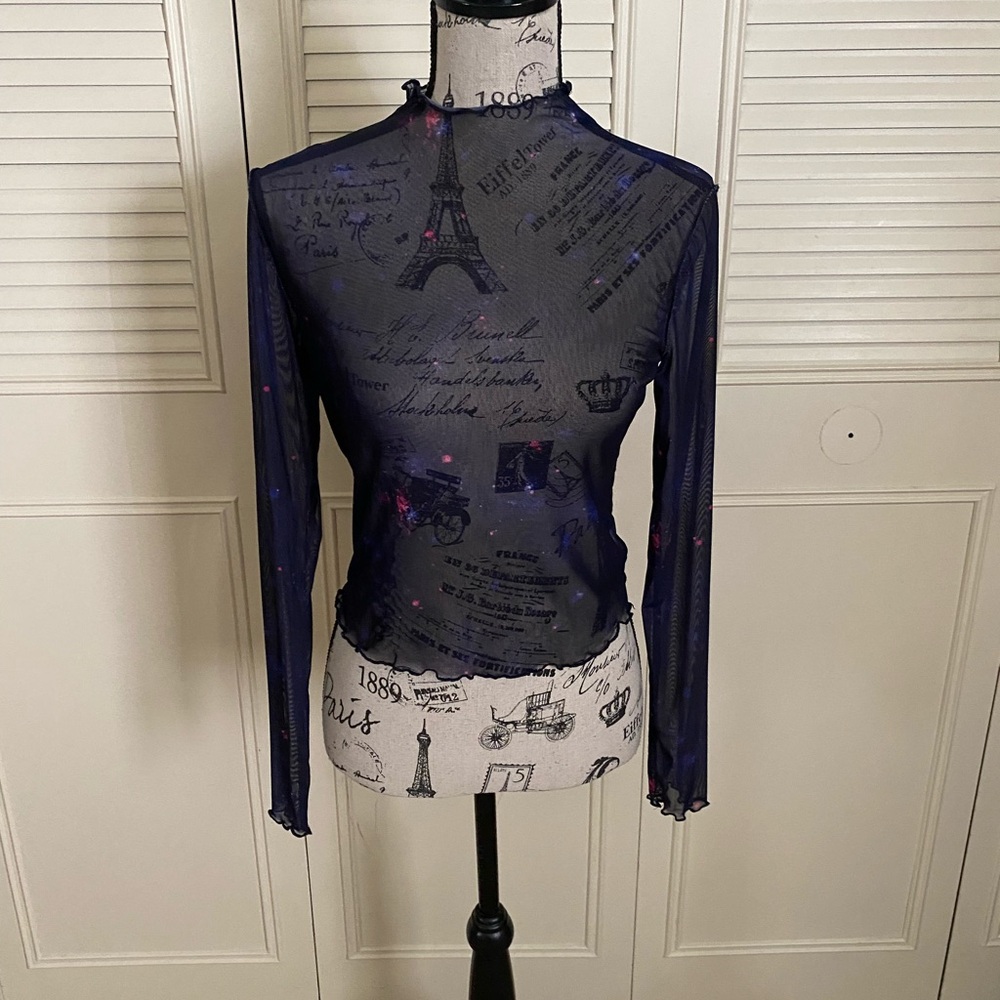 Arizona jean Co black purple sheer see through  mesh top blouse